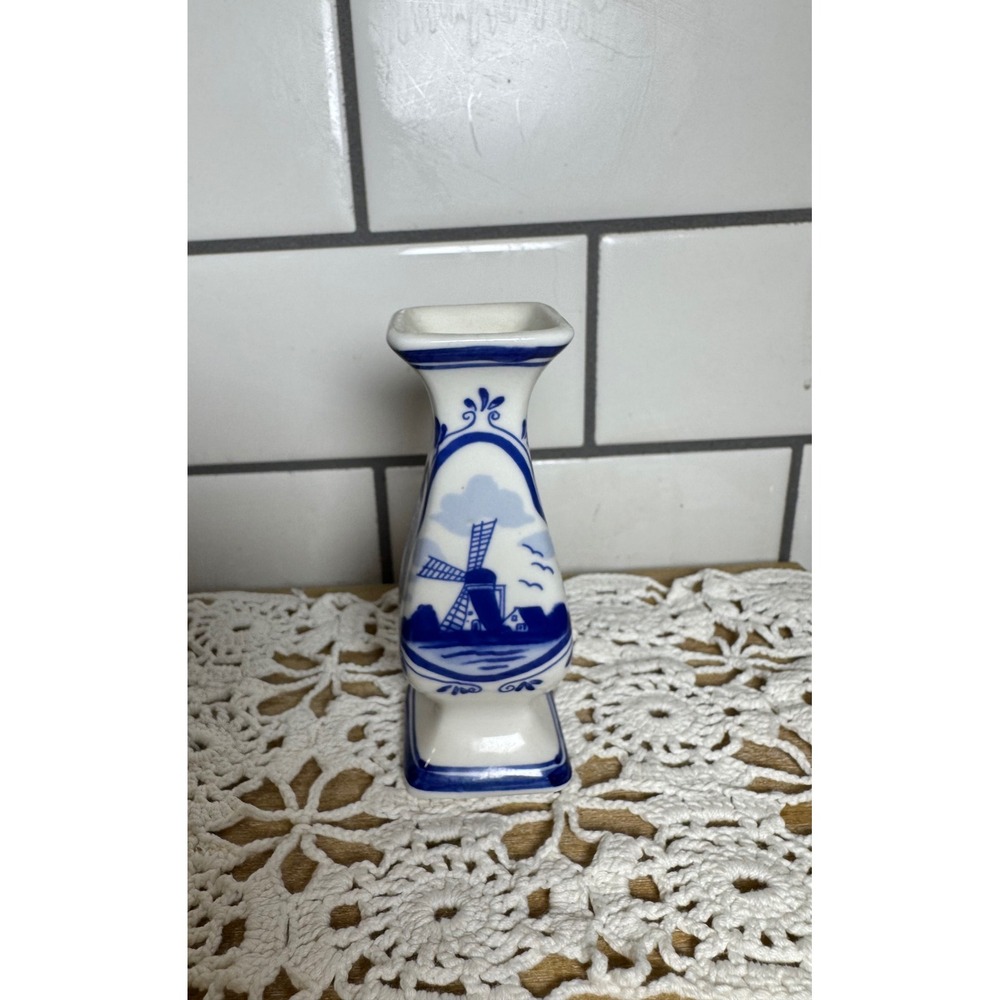 Vintage Delft Blue Handpainted Holland Windmill Bud Vase Ceramic  4.25 Inch
